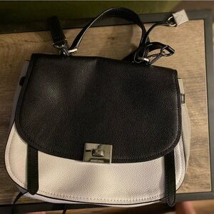 Michael Kors Cassie Flap Leather Black Gray Color-Block Leather Satchel Purse